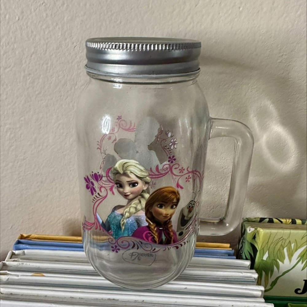 DISNEY FROZEN ELSA & ANNA MASON JAR WITH HANDLE AND LID